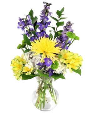 Serene Optimism vase arrangement with orange, coral, and purple blooms