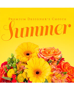 Summer designer's-choice arrangement with mixed bright seasonal blooms