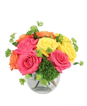 Vivid sorbet rose arrangement in orange and coral tones