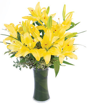Yellow lily bouquet with mixed greenery