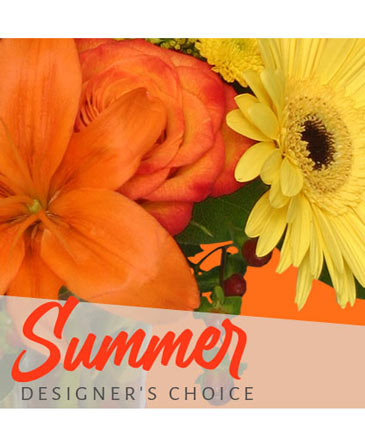 Sunny summer designer's-choice arrangement with orange lilies, roses, and yellow gerbera daisies